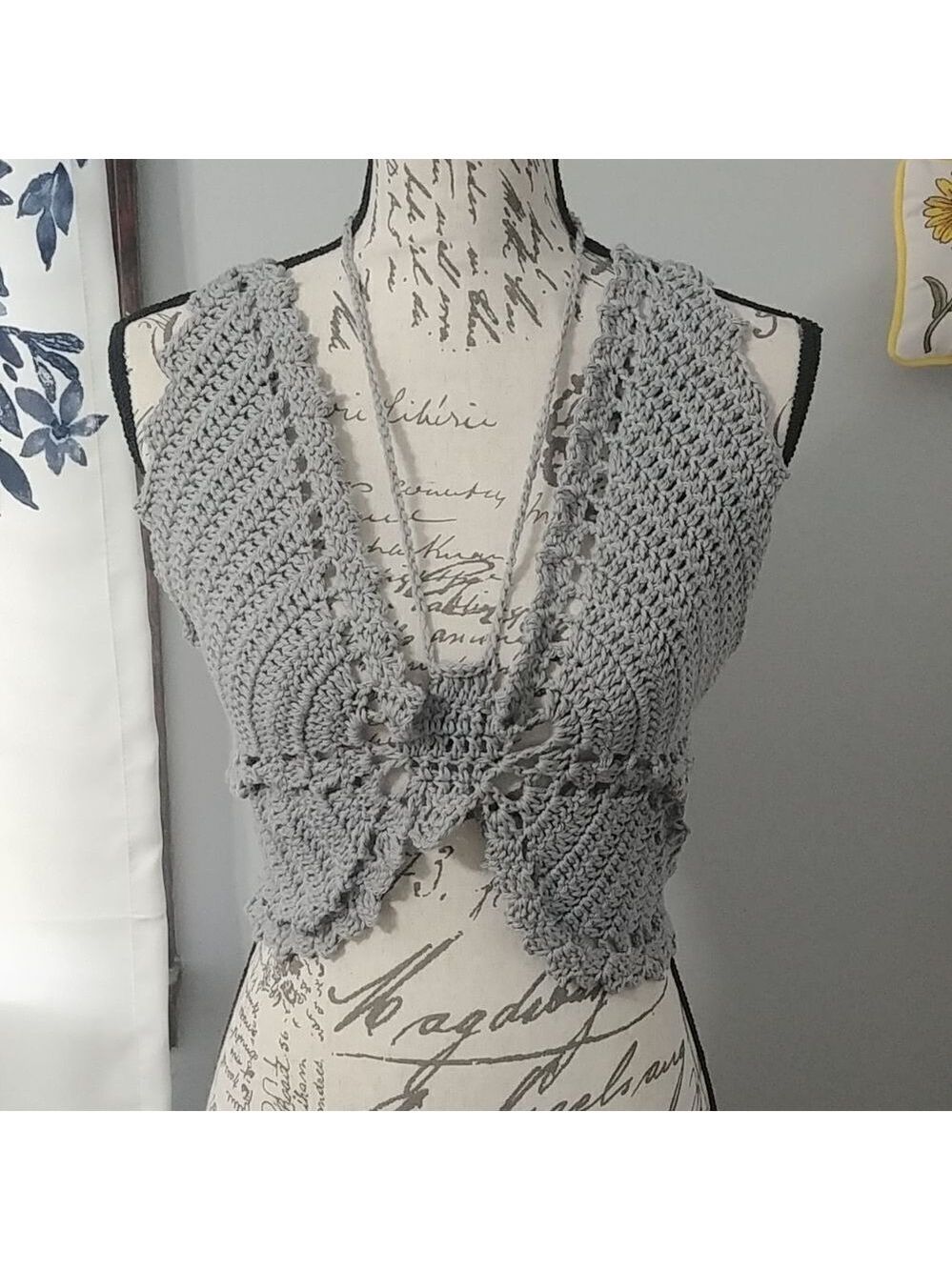 Handmade Crocheted Butterfly Festival Top 100% Cotton Grey 34-36B-C 6-8
